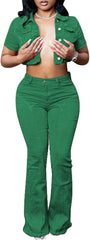 Molilove Women's Two Piece Set Colorful Denim Outfits Short Sleeve Button Cropped Jean Jacket Flare Pants Y2K Tracksuit