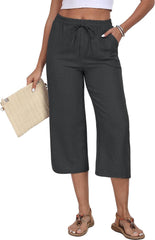 Womens Capri Pants Summer Elastic Waist Casual Business Pants Loose Work Lounge Trousers with Pockets