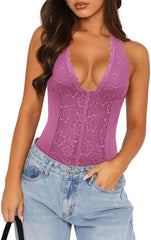 Summer Sexy Floral Lace Halter Deep V Neck Sleeveless Backless Trendy Going Out Corset Body Suits