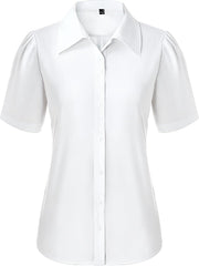 Button Down Shirts for Women Puff Short Sleeve Button Up Dress Shirts Collared Fitted Blouse Work Business Top
