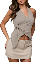 Milumia Women's Sexy V Neck Halter Top Y2k Asymmetrical Hem Tie Backless Going Out Tank Tops