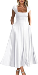 YMDUCH Women's Casual Short Sleeve Square Neck Solid Slim Flowy Maxi Dress with Pockets