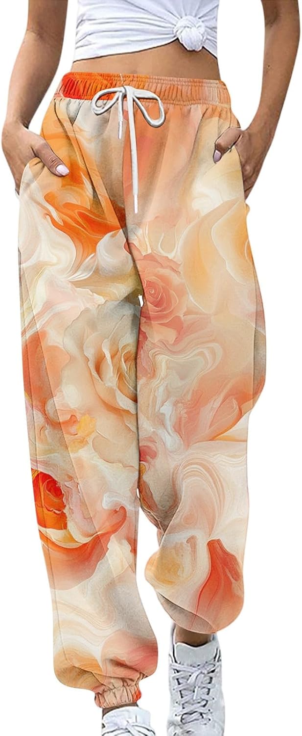 Sweatpants for Women Floral Print Casual Elastic Waist Wide Leg Pants Lightweight Baggy Trousers with Pocket