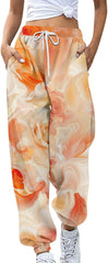 Sweatpants for Women Floral Print Casual Elastic Waist Wide Leg Pants Lightweight Baggy Trousers with Pocket