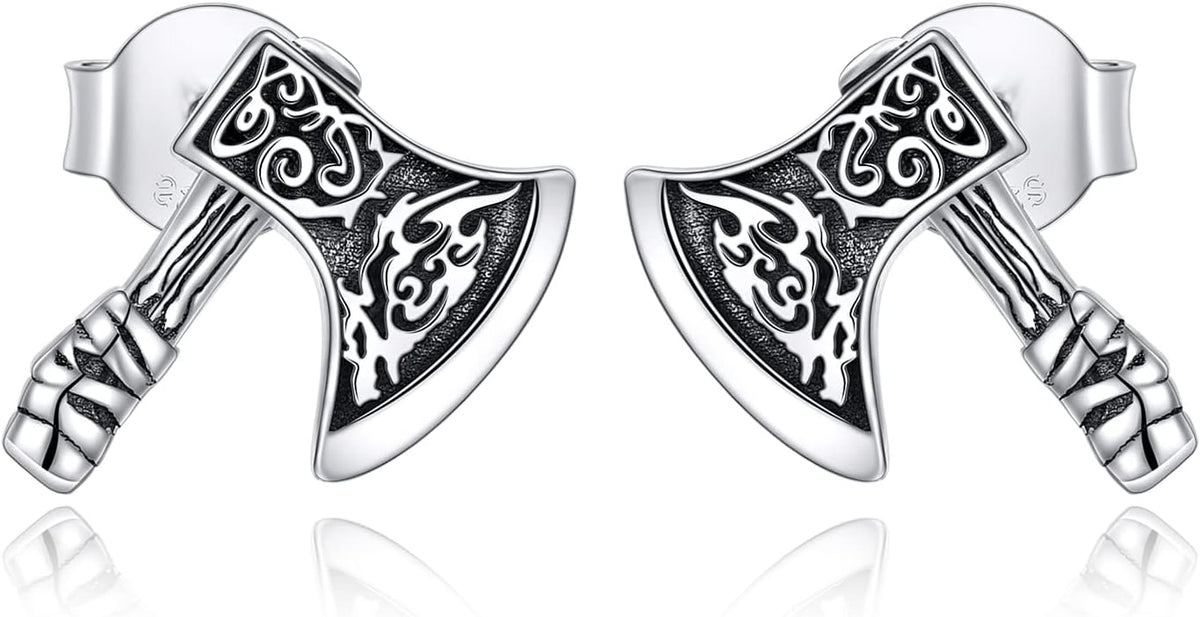 POPLYKE Sterling Silver Viking Wolf/Cow/Axe Stud Earrings Jewelry For Women Men Boyfriend Birthday Gift
