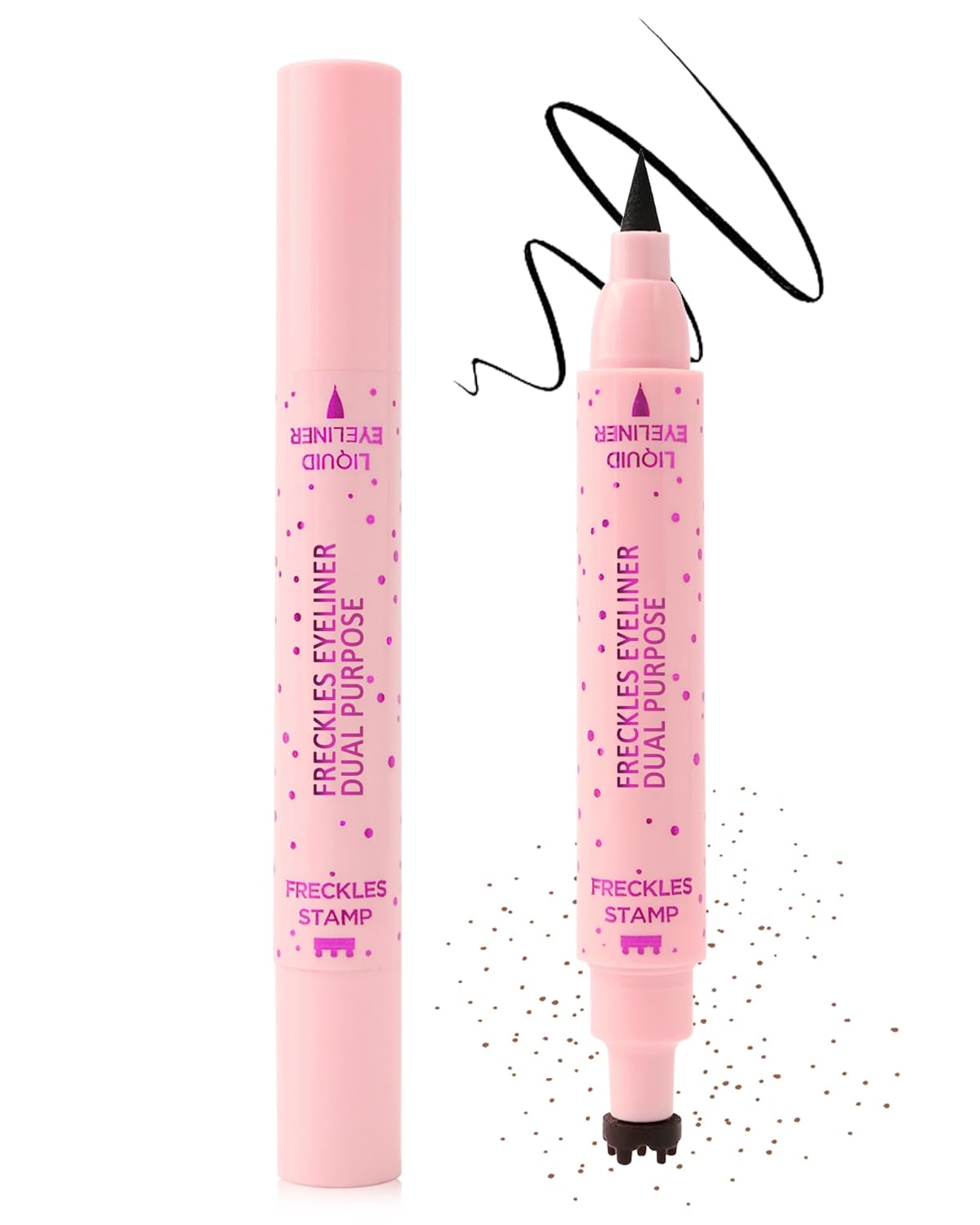 Freckle Eyeliner Pen 2 in 1, Natural Light Brown Fake Freckles Stamp Face Tattoo Waterproof, Smooth Long Lasting Smudge Proof Black Liquid Eyeliner, Quick Dry Magic Freckle Stain Summer Makeup 01