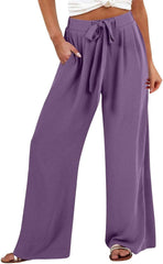 Womens Casual Linen High Waist Pants Wide Leg Beach Vacation Pants Trousers Pockets Drawstring Loose Fit Summer Outfits