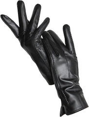 REHJJDFD Women's Sheepskin Gloves Winter Warm Plus fleece Short Thin Solid Leather Gloves