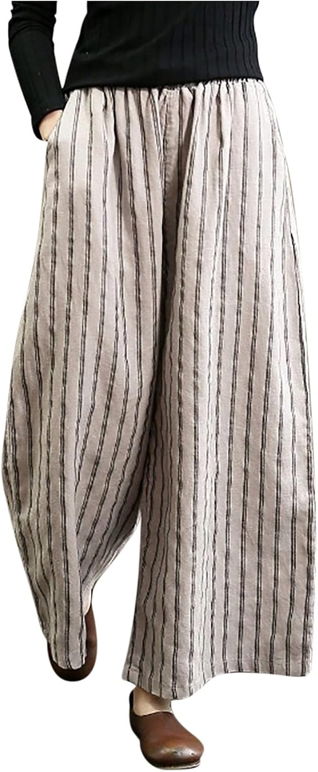 Women Striped Palazzo Pants Casual Cotton Linen Pant High Waist Flowy Cropped Trousers Travel Vacation Outfits