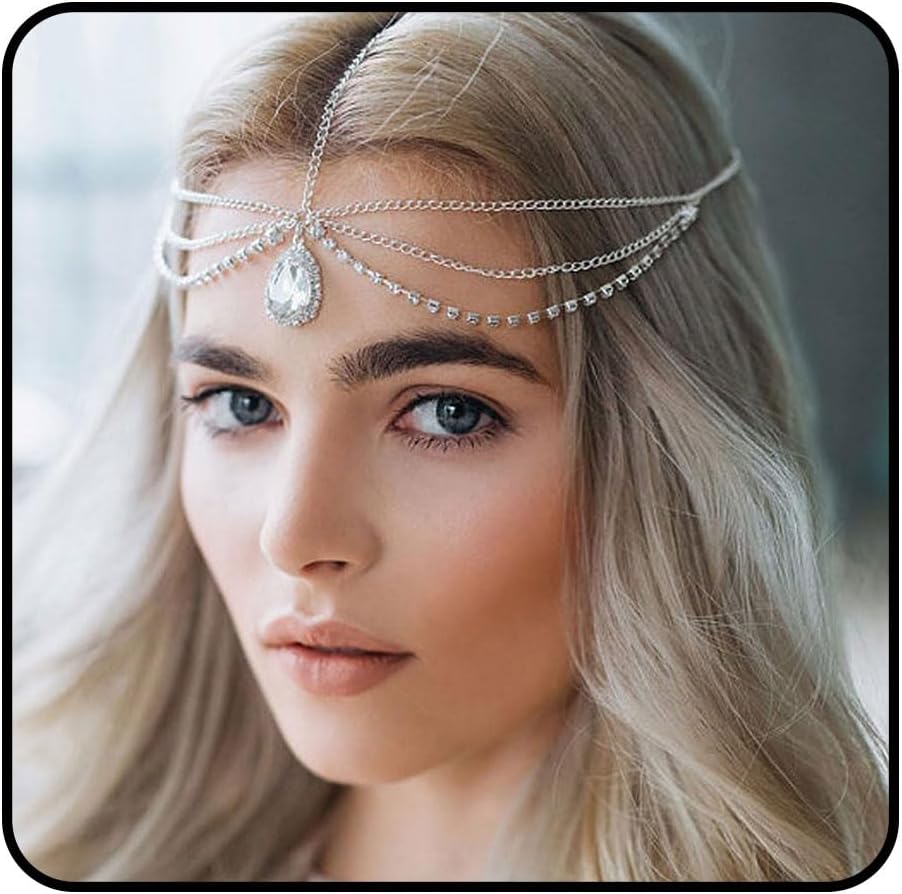 Catery Head Chain Jewelry Crystal Bohemia Hair Chain Bride Wedding Head Dress Rhinestone Headpiece Halloween Christmas Prom Hair Jewelry for Women