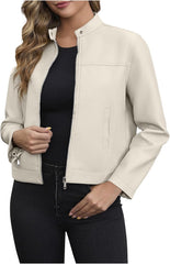 Zip Leather Jackets for Women Motorcycle Faux PU Moto Biker Outerwear Coat Mock Neck Long Sleeve Fashion Jackets