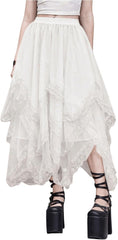 SHENHE Women's Lace Trim Layered Mesh Tulle Skirt High Waist Asymmetrical Long Goth Skirt