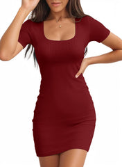 Valiamcep Womens Summer Dresses Square Neck Short Sleeve Ribbed Knit Slim Fitted Basic Bodycon Mini Pencil Dress
