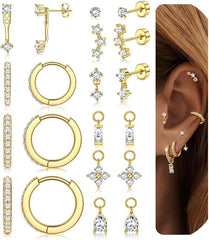 Hypoallergenic 14K Gold Plated Silver Flat Back Earrings for Women - Surgical Stainless Steel Hoop Cartilage Earrings Set Small Flatback Stud Stacks with CZ Charm Helix Conch Tragus Piercing Jewelry