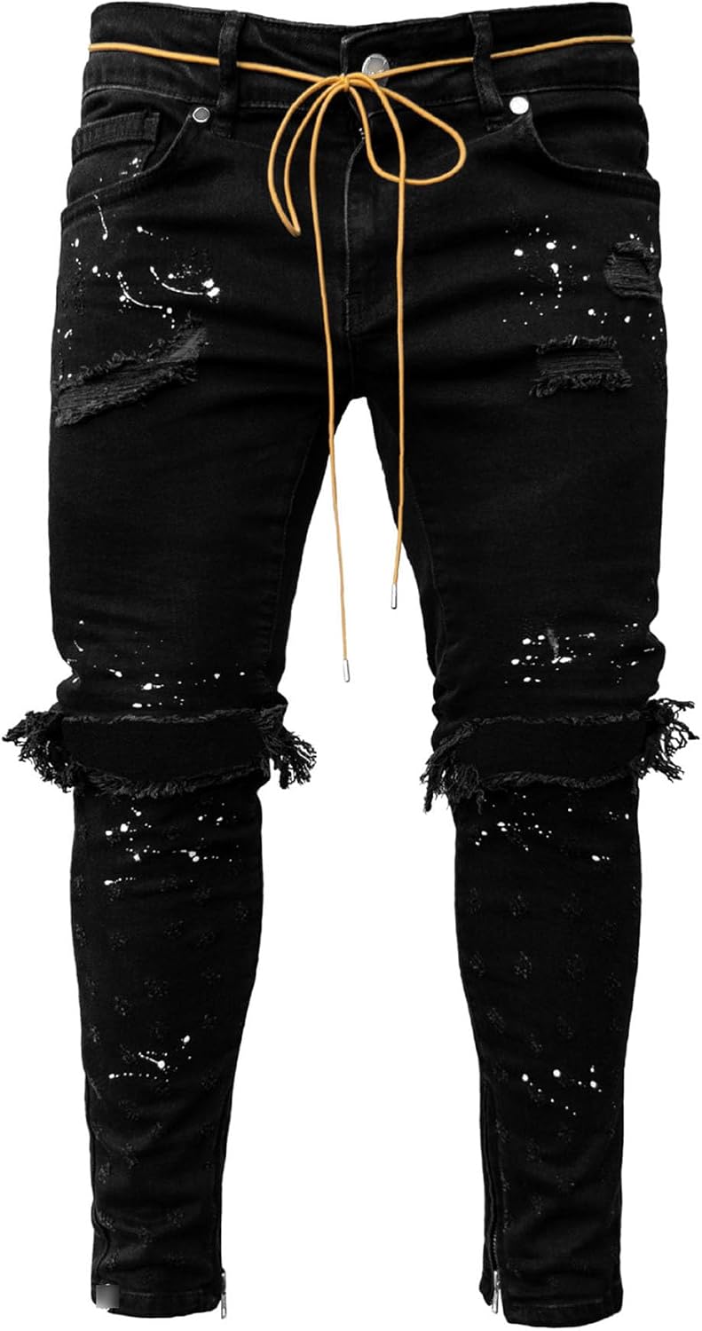 Men's Distressed Moto Biker Jean Cowboy Stretch Slim Fit Jeans Casual Leg Denim Pants for Men