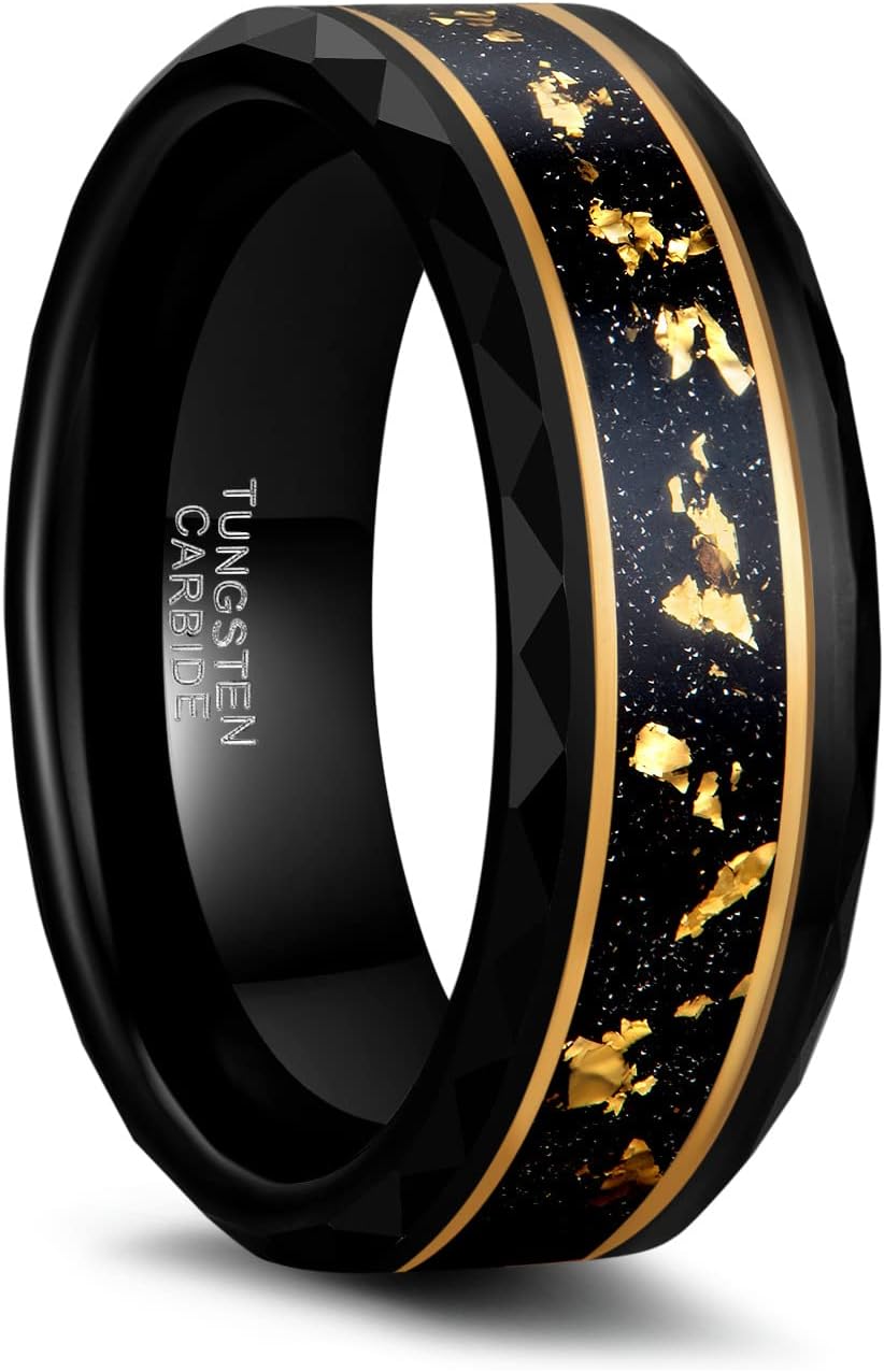 Greenpod 8MM Tungsten Carbide Rings for Men Hammered Polished Faceted Edge Wedding Band 24K Gold Plated Foil with Black Dinas Inlay Comfort Fit Size 7-13