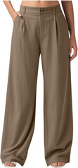 Linen Pants Women Wide Leg Button Work Dress Pant Lightweight Soft Comfy Casual Business Trousers with Pockets