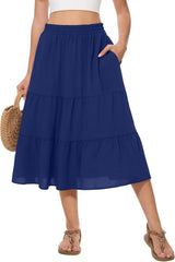 AYIFU Women's Summer Midi Skirt Tiered Flowy High Waist A-Line Elastic Ruffle Casual Skirts with Pockets