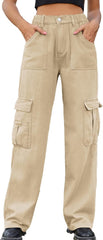Womens Jeans Pants Casual Cargo Pant Elastic Waist 2025 Fashion Streetwear Pants High Waist Straight Leg Pant