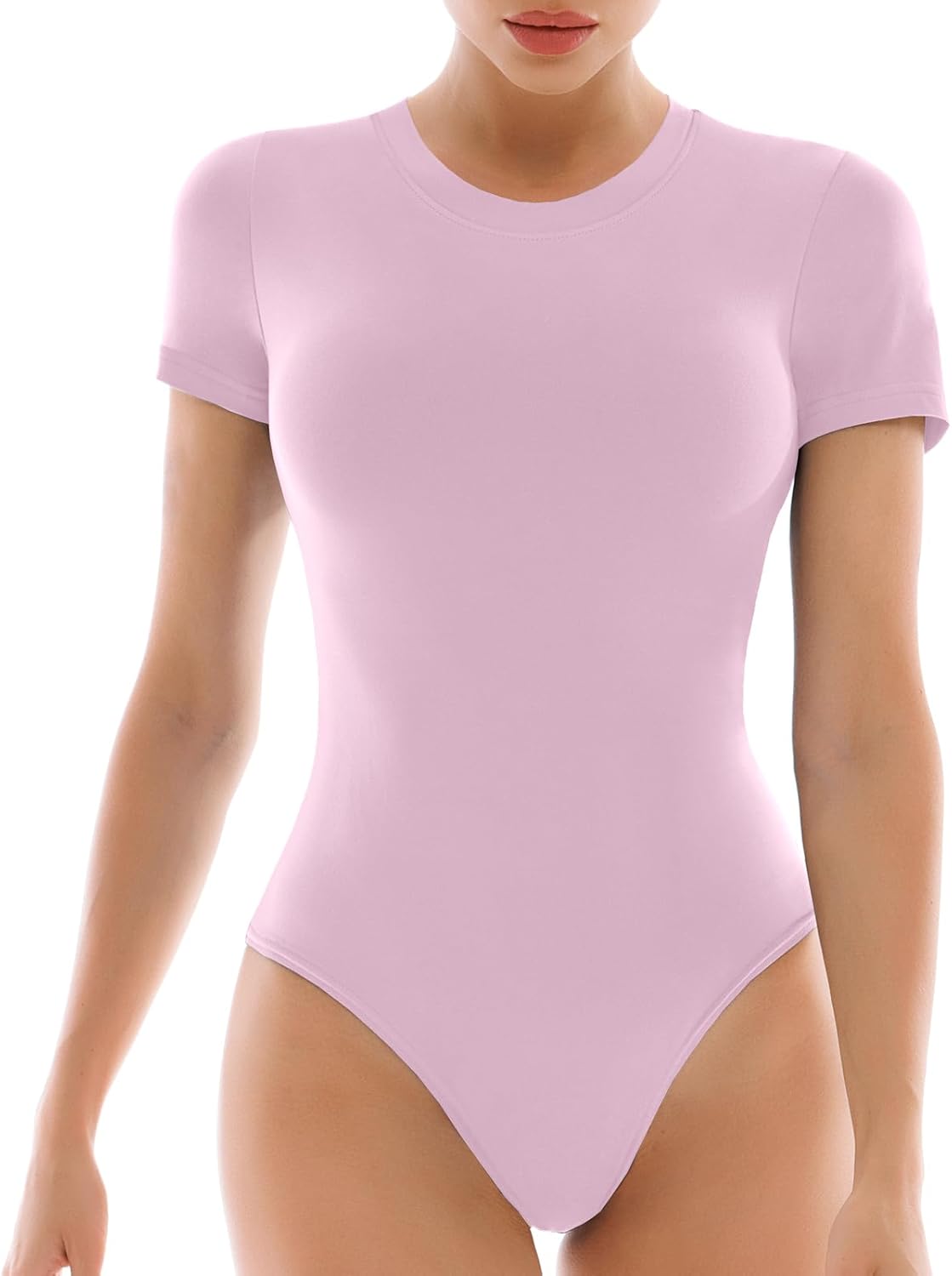 Walifrey Short Sleeve Bodysuits for Women Round Neck Basic Stretchy T Shirts Bodysuits Tops