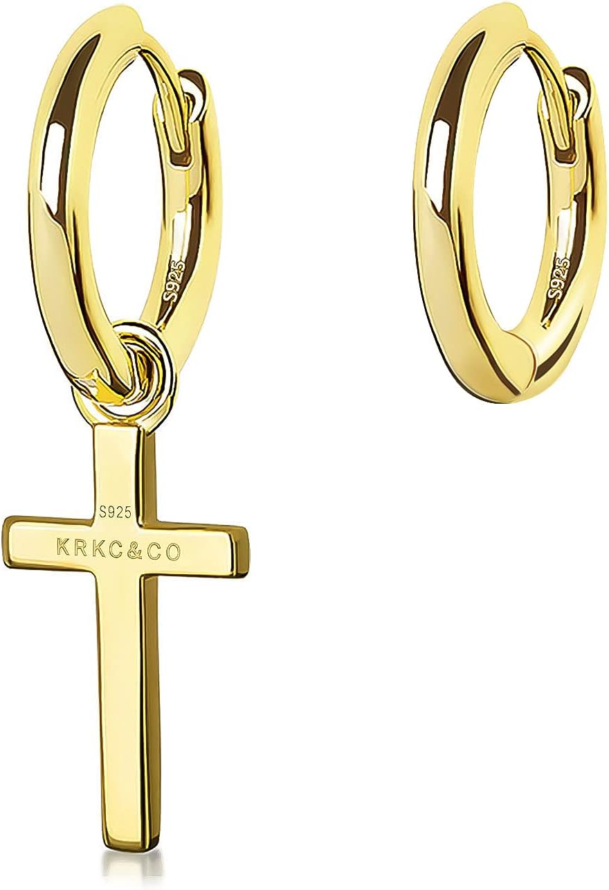 KRKC&CO Cross Earrings for Men, Gift for Him, Sterling Silver Dangle Earrings, Hypoallergenic 15mm Round Hoop Hinged Hanging for Women, Fathers Day