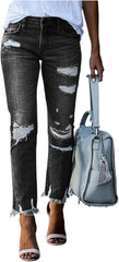 fanmpghleoo Ripped Jeans Womens Stretchy Slim Fit Distressed Straight Leg Jeans Lightweight Casual Trendy Denim Cropped Pants