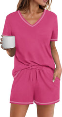 Ekouaer Womens Pajamas Sets Soft 95% Cotton Pjs Short Sleeve Lounge Sets Casual Two Piece Pjs With Pockets