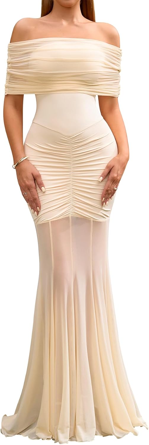 HTZMO Women Sexy Off Shoulder Bodycon Maxi Dress Strapless Ruched Wedding Guest Formal Party Long Dresses