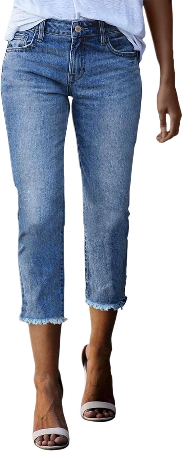 Capri Jeans for Women High Waisted Stretchy Skinny Pants Cut Off Summer Stretchy Hem Denim Capris with Pockets