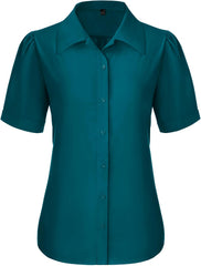 Button Down Shirts for Women Puff Short Sleeve Button Up Dress Shirts Collared Fitted Blouse Work Business Top