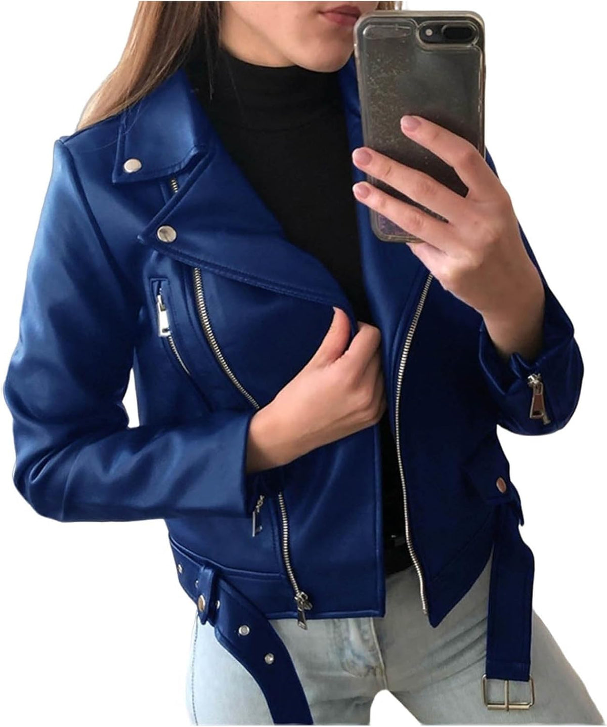 Women's Faux Leather Jackets Cropped Faux Leather Motorcycle Jacket Belted Moto Biker Coat Slim Classic Fashion Coat