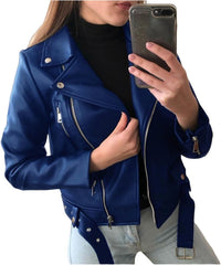 Women's Faux Leather Jackets Cropped Faux Leather Motorcycle Jacket Belted Moto Biker Coat Slim Classic Fashion Coat