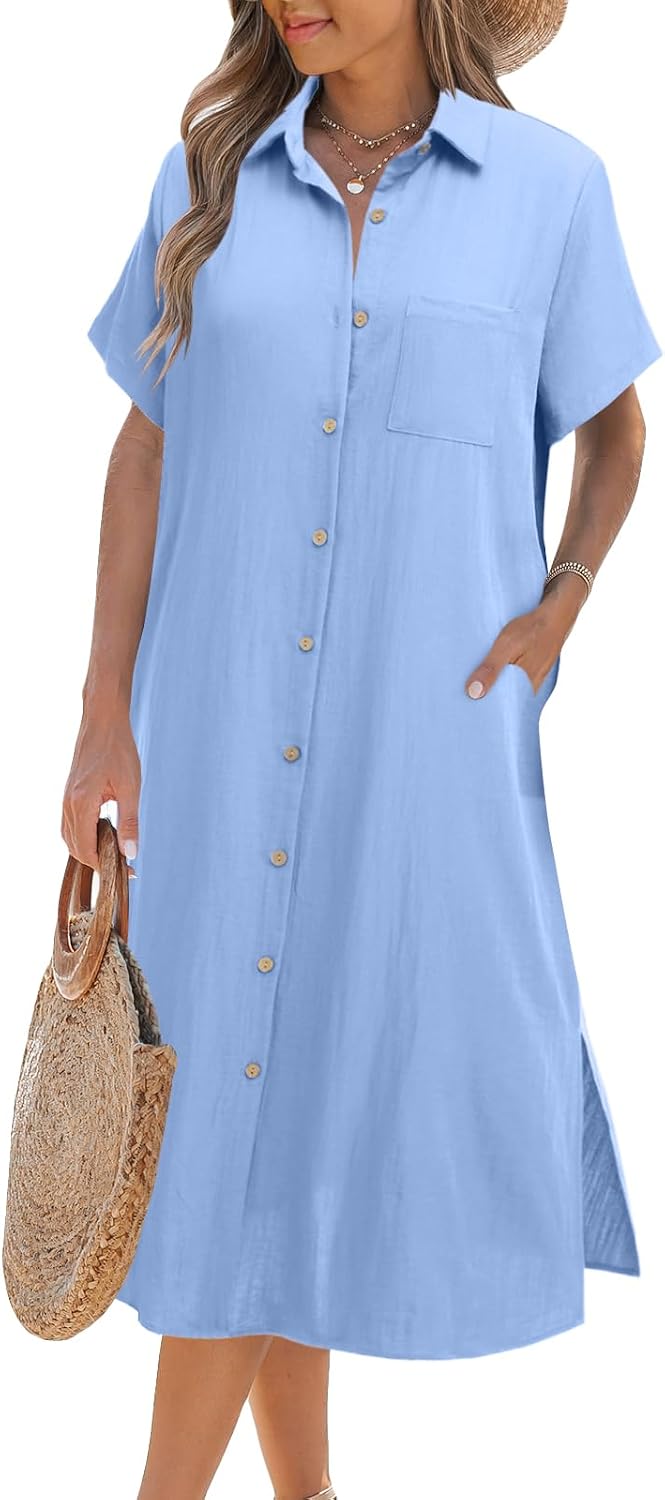 Zeagoo Women Dresses Summer Casual Short Sleeve Button Down Shirt Dresses 2025 Beach Cover Up with Pockets