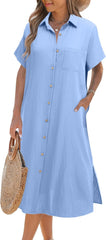 Zeagoo Women Dresses Summer Casual Short Sleeve Button Down Shirt Dresses 2025 Beach Cover Up with Pockets