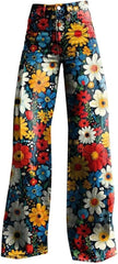 Women Wide Leg Flare Jeans with Pockets Baggy Pants Vintage Floral Print High Waisted Loose Jeans