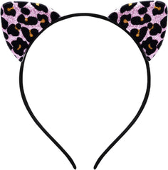 Glitter Leopard Cheetah Ears Headband for Women Girls, Halloween Cosplay Leopard Costume Hair Accessories for Adult