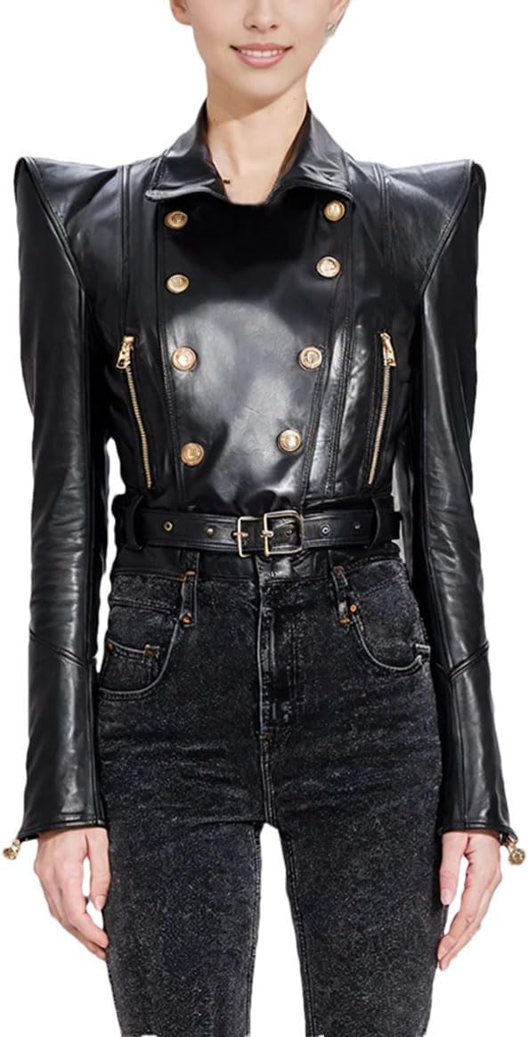 Women's Goth PU Leather Motorcycle Jacket - Spring Metal Button Short Coat, Leather Biker Outwear