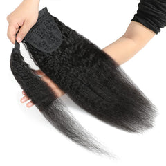 Adette Human Hair Kinky Straight Ponytails Drawstring Extension 14 Inch Kinky Straight Hair Clip in Pony Tail for Black Women