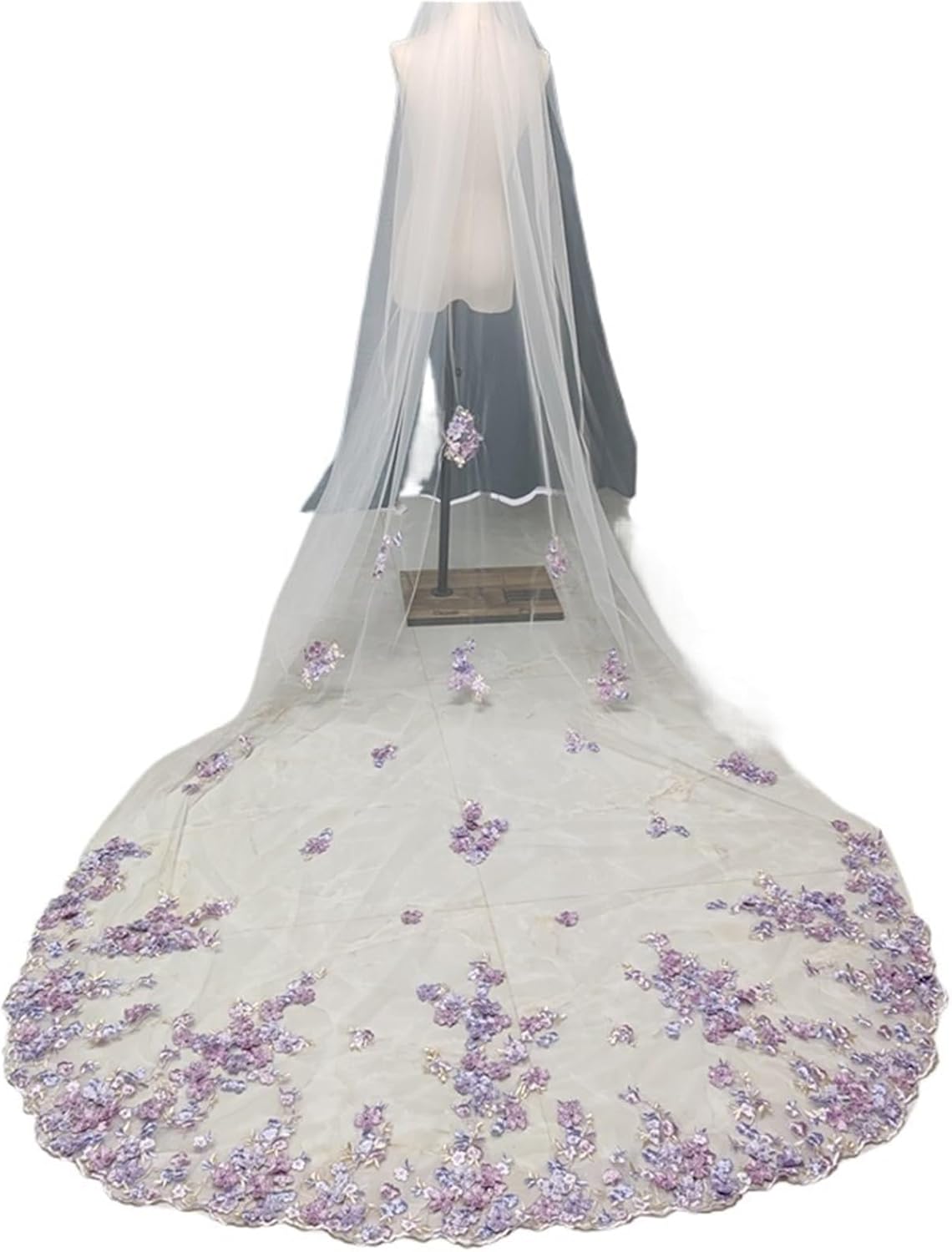 Unique Lilac Purple 3D Floral Bridal Veil with Pearls and Edge, Long Cathedral Wedding Veil with Comb Girls