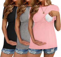 Ekouaer Womens Nursing Tops 3 Pack Short Sleeve Ribbed Breastfeeding Shirts Double Layer Maternity Shirt Pregnancy Clothes