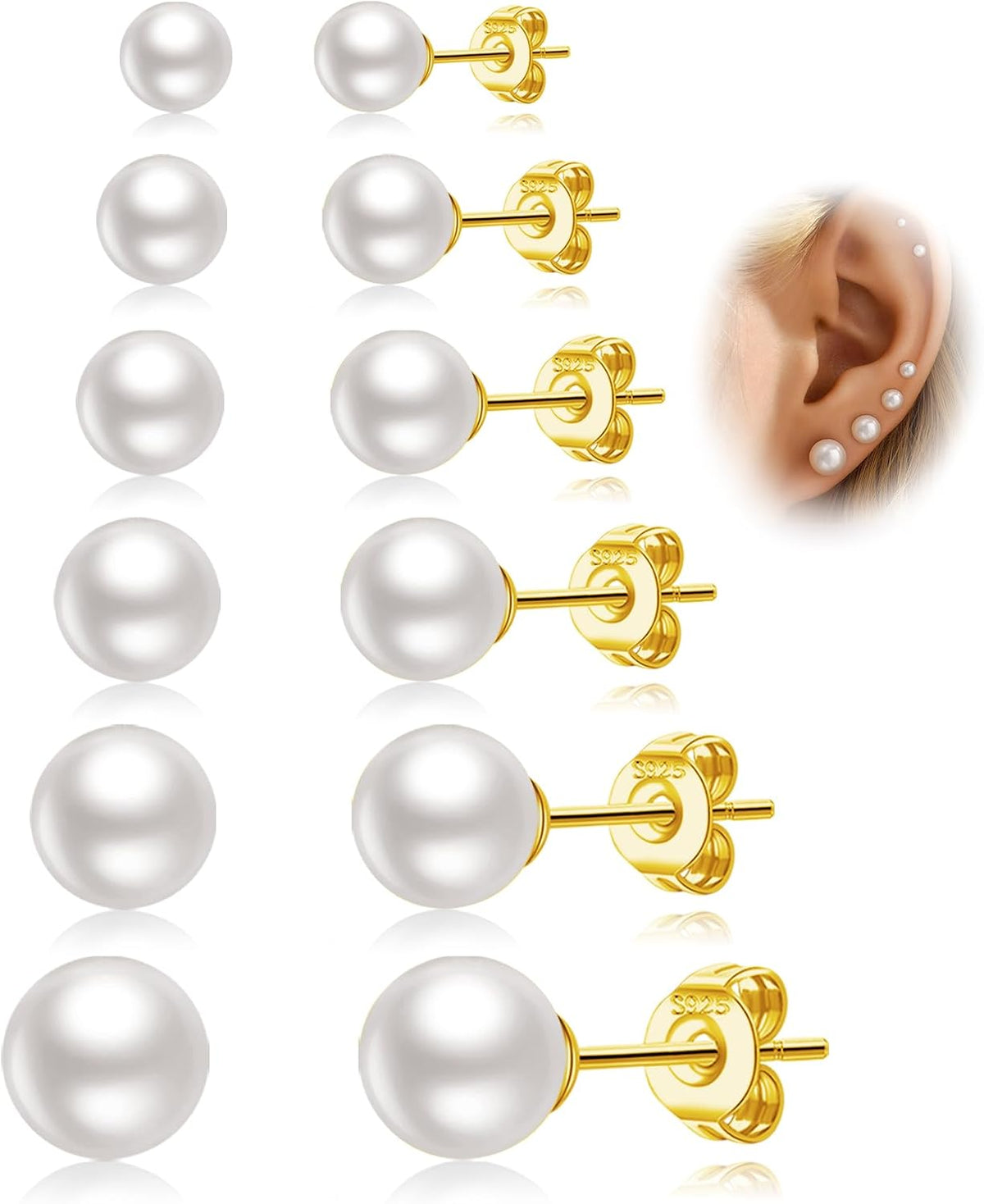 LOUMILEO 6 Pairs Pearl Earrings Set Hypoallergenic Small Sterling Silver Stud Earrings for Women Man 3-10MM Tiny Cartilage Piercing Pearl Studs for Multiple Piercing