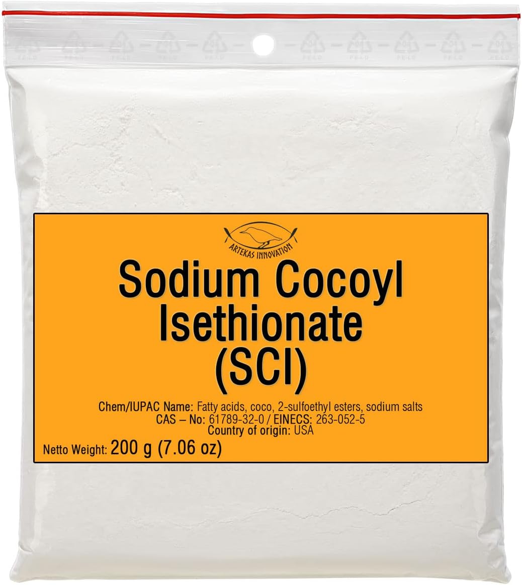 SODIUM COCOYL ISETHIONATE (SCI) - Powder - Foaming Surfactant - for Homemade Solid Shampoo Bars, Bath Bombs, Foamy and Bubbly Products - 200 g | 7.06 oz