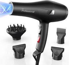 Professional Ionic Hair Dryer AC Motor Fast Drying Salon Blow Dryer with Diffuser, Comb, Nozzle, Concentrator, for Curly and Straight Hair, 2 Speed & 3 Heat Setting, Cool Button(Black)