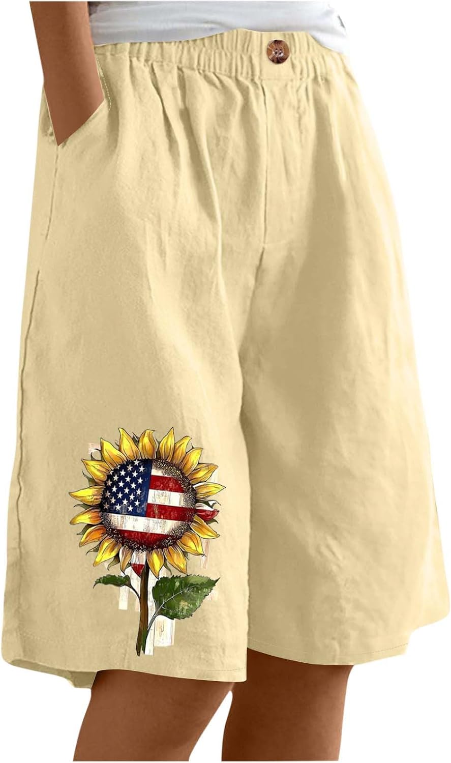Womens Summer Shorts 2025 Vacation Printed Comfy Casual Bermuda Shorts Plus Size Straight Leg Loose Fit Linen Pants