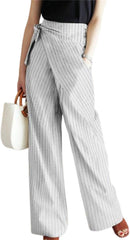 Women's Striped Pants Wrap Belt Pinstripe Suit Pants Wide Leg Business Dress Trousers with Pockets
