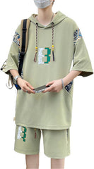 Men's Summer 2-Piece Set: Hooded Letter Color Blocking T-Shirt + Shorts