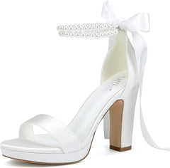Platform Heels Wedding Shoes for Bride Pearl Heels Open Toe Bridal Shoes Wedding Heeled Sandals