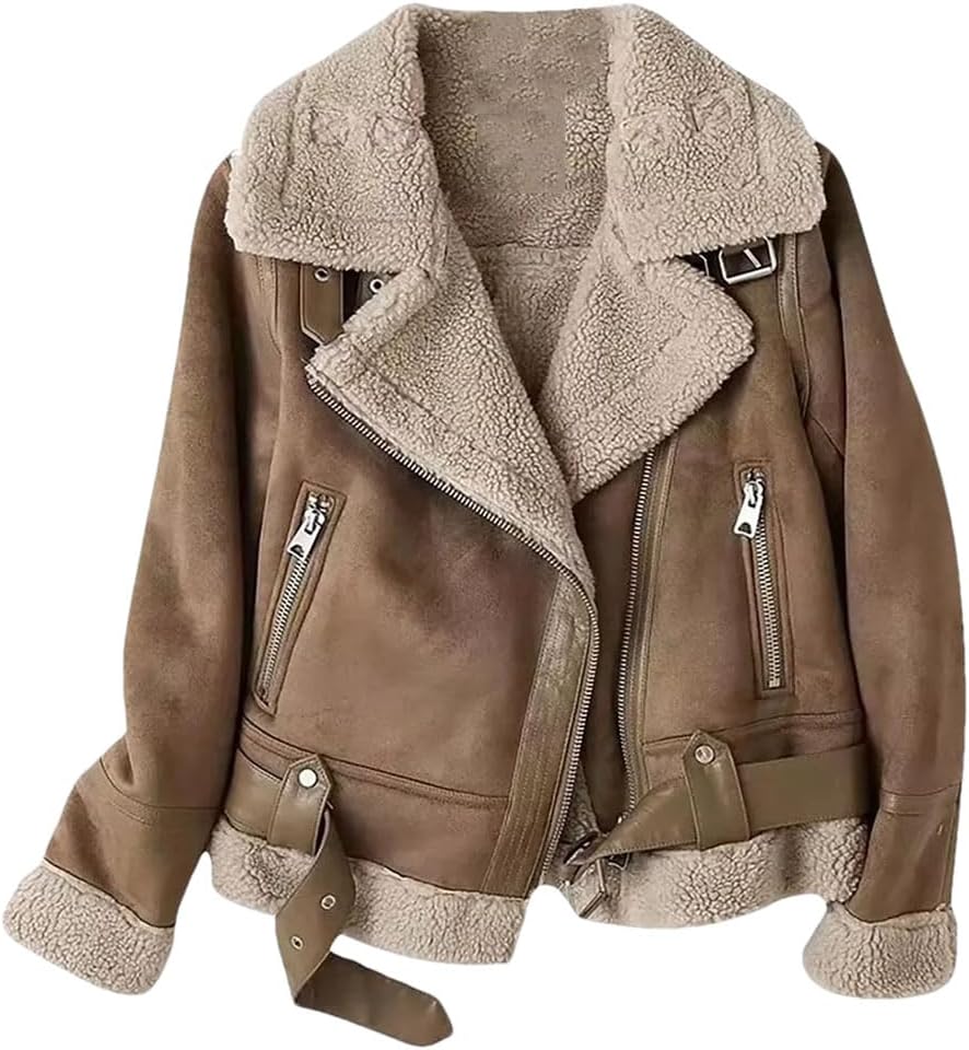 Women Thick Warm Lamb Jacket Short Zipper Motorcycle Coats Vintage Street Outwear