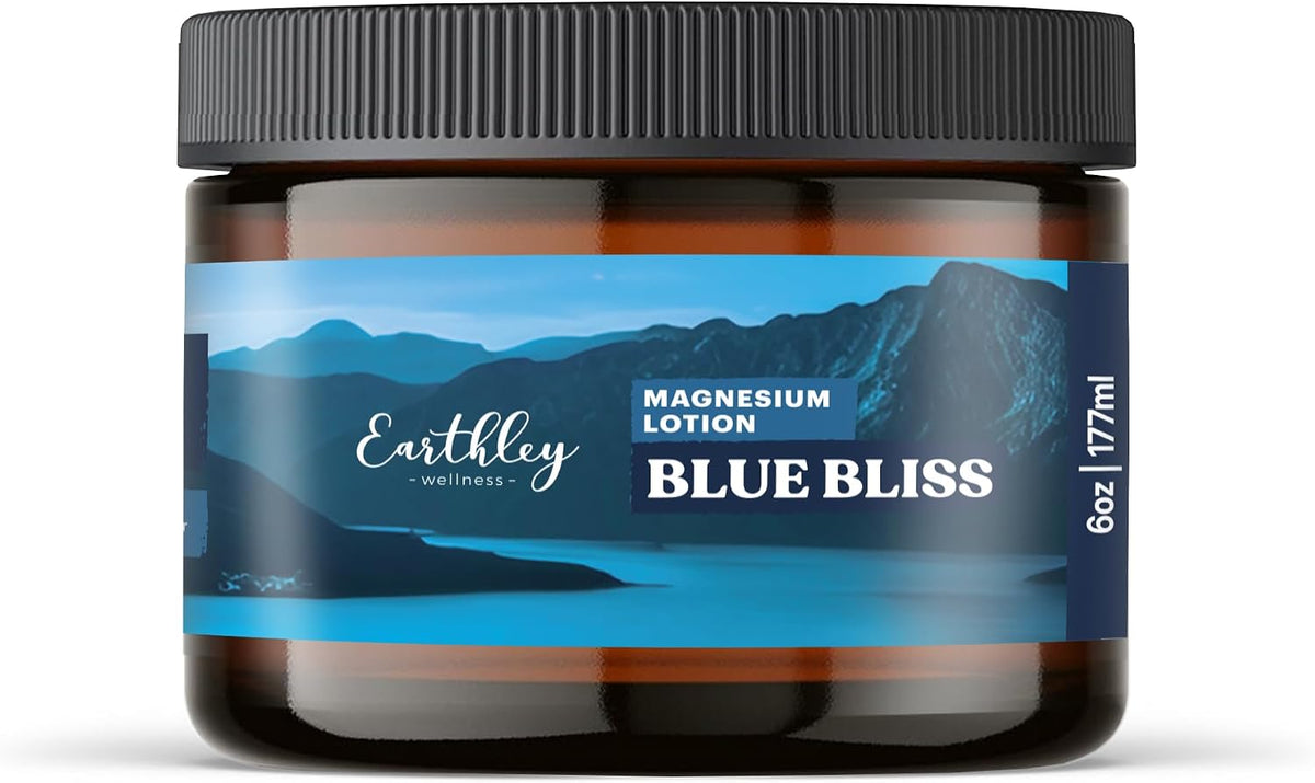 Earthley Wellness, Magnesium Lotion, Parent's Picks Award-Winner, Apricot, Shea Butter, Mango Butter, Lavender, Blue Tansy and Sandalwood Scent (6oz, Seasonal Blue Bliss)