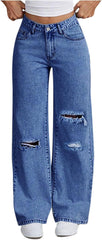 Wide Leg Jeans for Women High Waisted Trendy Strechy Denim Pants Destroyed Ripped Hole Baggy Trousers with Pockets